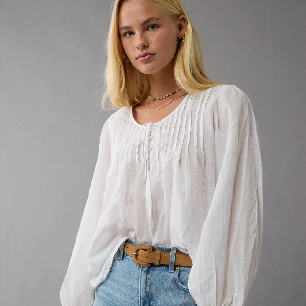 American Eagle Easy Breezy Top - Long Sleeve White Blouse